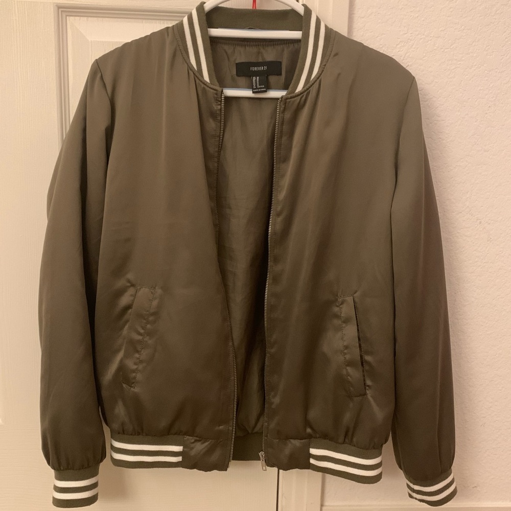Forever 21 satin army green varsity bomber jacket